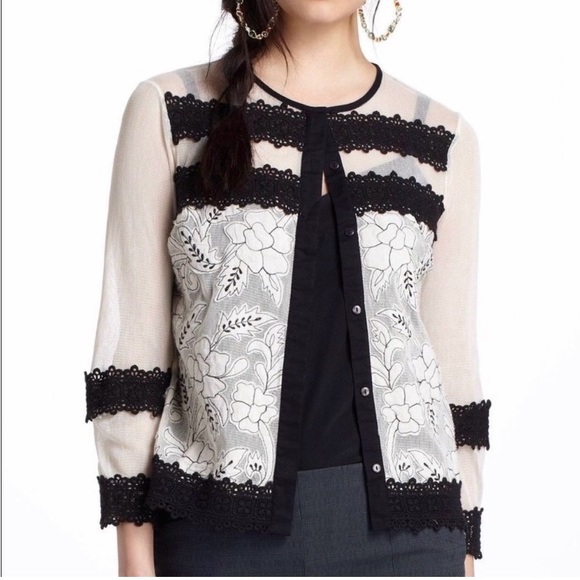 Anthropologie Leifnotes Agraffe Sheer Lace Cardigan Removable Beaded Collar10 - Picture 2 of 14